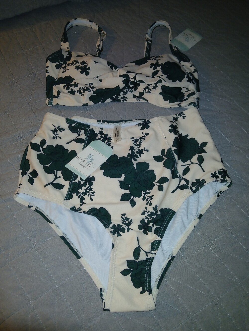 Marina West High-Waist Floral Two-Piece Swim Set - Cream with Dark Green Print